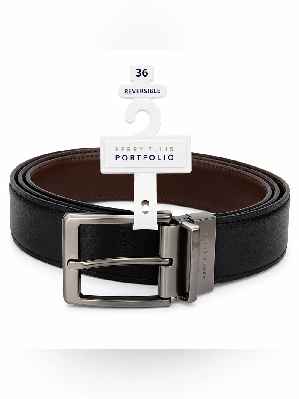 Perry Ellis Portfolio Reversible Black Brown Genuine Leather Belt Men’s Size 36
